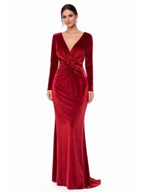 Red Velvet Maxi Dress Long Sleeve V Neck Ruched Formal Gown Size 8